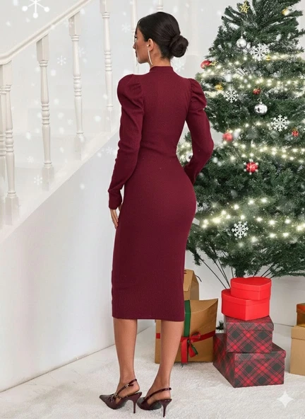 Prenses kol kaşkorse elbise bordo a3691 - Resim 4