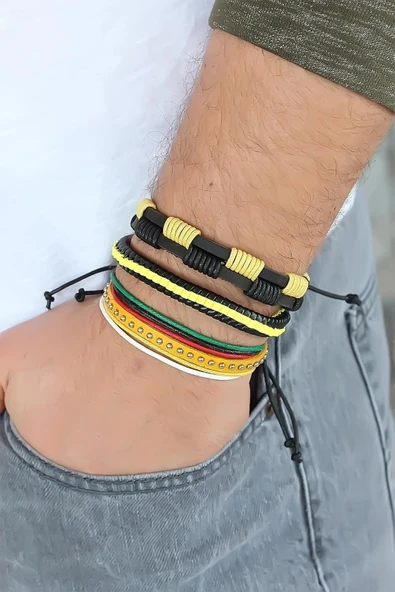Litae Trend BFS Sarı Renk Zımbalı Deri Erkek Bileklik Kombini - 1