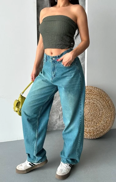 Baggy taş enzim bıyık yıkama jeans pantolon yeşil tint d2007 - 1