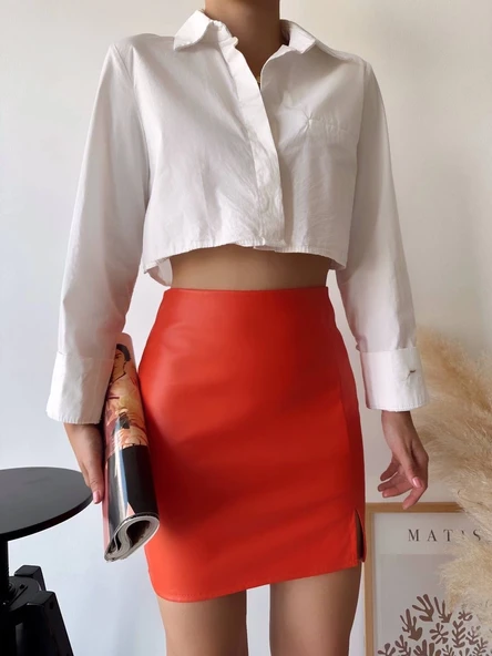 Tek yırtmaçlı arkadan fermuarlı deri etek turuncu s24475 - Resim 5