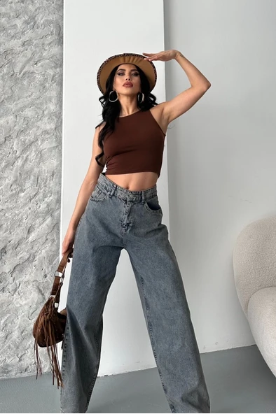 Baggy kar yıkama eskitme kahve jeans pantolon d2007 - Resim 3