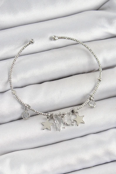 Litae Trend BFS Pirinç Zirkon Taşlı Kelebek Ve Yıldız Model Gümüş Renk Charm Bileklik - 1