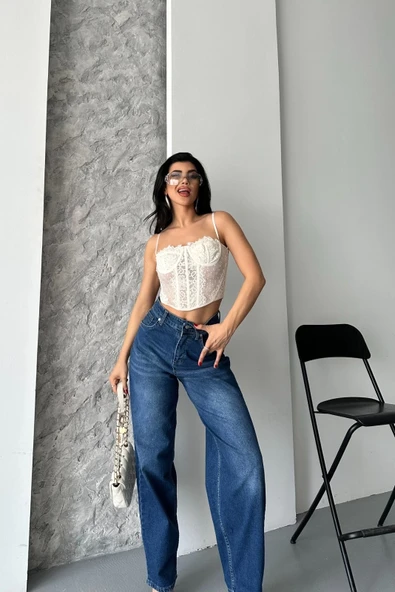 Baggy süper taş bıyık yıkama koyu mavi jeans pantolon d2007 - 4