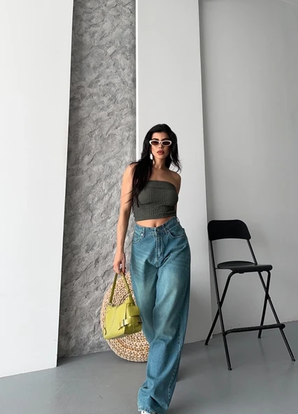 Baggy taş enzim bıyık yıkama jeans pantolon yeşil tint d2007 - 2