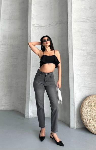 Mom fit enzim taş yıkama jeans pantolon füme d2006 - 3