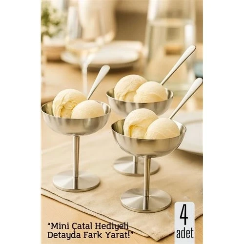 Litae Trend BFS 4 lü Gümüş Inox Çelik Ayaklı Dondurma ve Sunum Kasesi – Tatlı, Lokum ve Sunum Kabı
