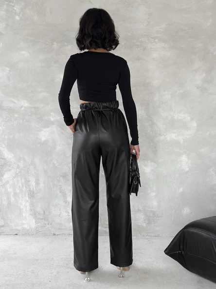 Kendinden ince kemerli deri pantolon siyah t1178 - Resim 4