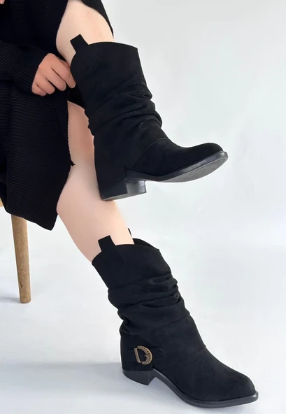 Canty Siyah Süet Körüklü Topuklu Çizme ürün görseli 1