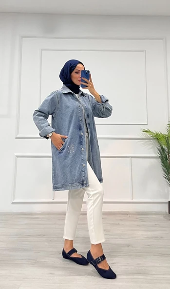 Taşlı tunik ceket kar yıkama orta mavi d2516 - Resim 5