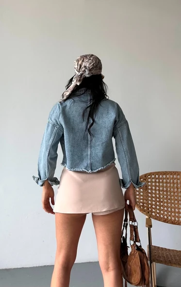 Çift kapaklı püsküllü crop buz mavi d2002 - Resim 5