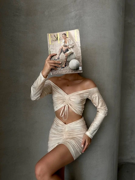 Büzgülü etek bluz takım bej s24709 - Resim 3