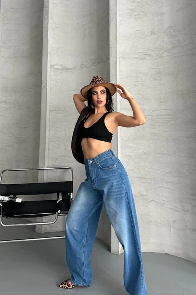 Baggy süper taş bıyık yıkama mavi jeans pantolon d2007 - Resim 3