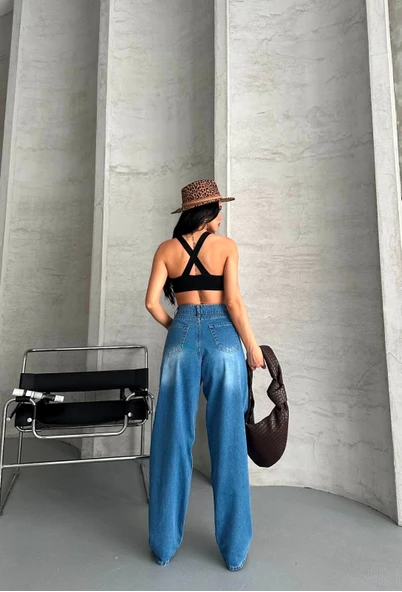 Baggy süper taş bıyık yıkama mavi jeans pantolon d2007 - Resim 2