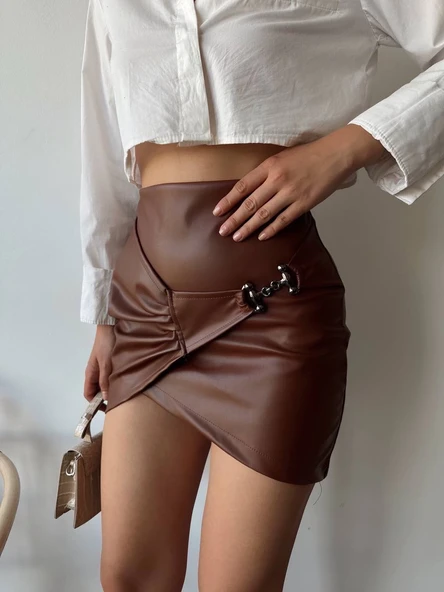 Tokalı deri etek kahve s240097 - Resim 3