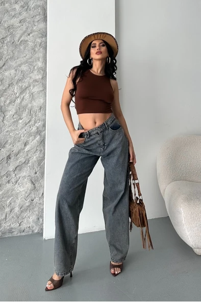 Baggy kar yıkama eskitme kahve jeans pantolon d2007 ürün görseli 1