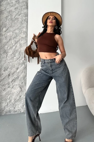 Baggy kar yıkama eskitme kahve jeans pantolon d2007 - Resim 2