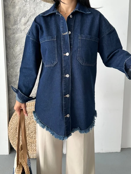 Cepli püsküllü kar yıkama kot ceket koyu mavi d2515 - Resim 5