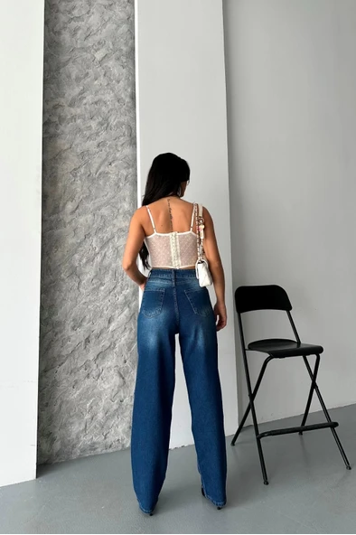 Baggy süper taş bıyık yıkama koyu mavi jeans pantolon d2007 - 2