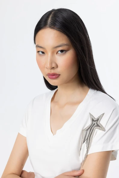 On Zincirli Yıldız Detaylı V Yaka Bluz - 3