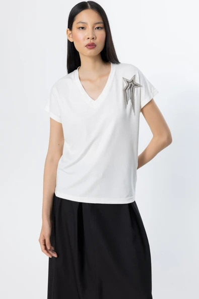 On Zincirli Yıldız Detaylı V Yaka Bluz - 2