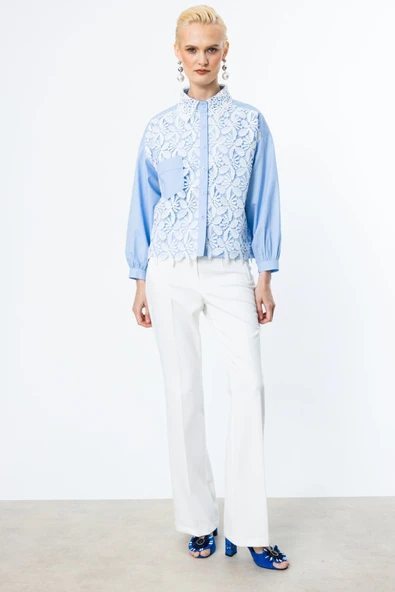 On Dantelli Uzun Kollu Pamuk Gömlek - 3