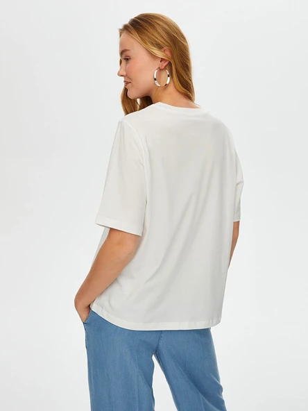 Faik Sönmez Kadın Jean Aplike Ve Zincir Nakışlı Yuvarlak Yaka Pamuklu - 5