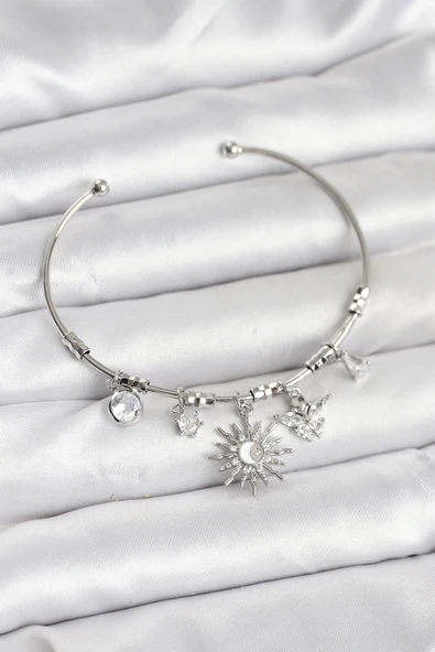 Güneş Charmlı Gümüş Renk Pirinç Kadın Bileklik - TJ-BB8042 ürün görseli 1