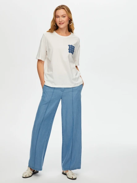 Faik Sönmez Kadın Jean Aplike Ve Zincir Nakışlı Yuvarlak Yaka Pamuklu - 4