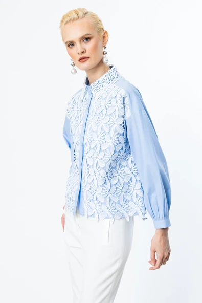 On Dantelli Uzun Kollu Pamuk Gömlek - 2