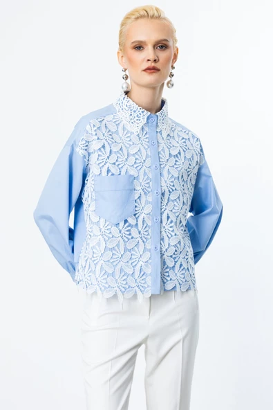 On Dantelli Uzun Kollu Pamuk Gömlek