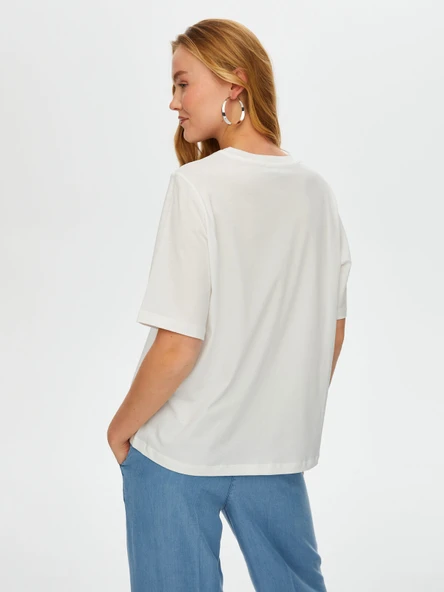 Faik Sönmez Kadın Jean Aplike Ve Zincir Nakışlı Yuvarlak Yaka Pamuklu - 7