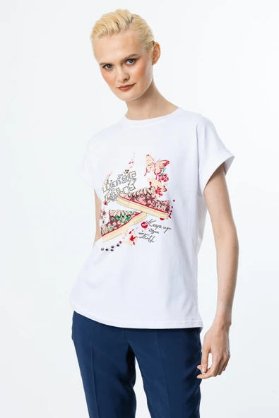 On Taş İşlemeli Ve Baskılı Pamuk Bluz - 5