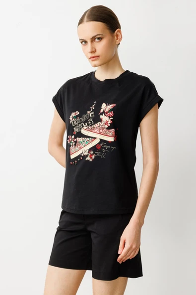 On Taş İşlemeli Ve Baskılı Pamuk Bluz - 9