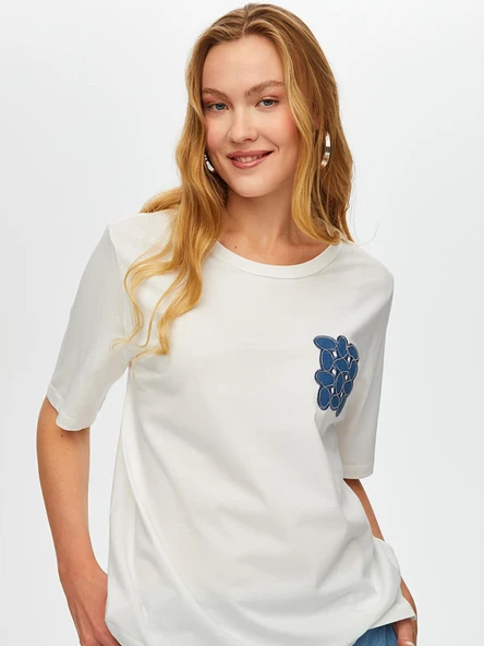 Faik Sönmez Kadın Jean Aplike Ve Zincir Nakışlı Yuvarlak Yaka Pamuklu - 3