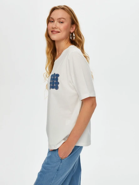 Faik Sönmez Kadın Jean Aplike Ve Zincir Nakışlı Yuvarlak Yaka Pamuklu - 6