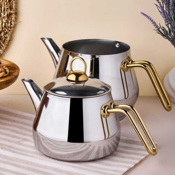 Çayeli Aile Çelik Çaydanlık Takımı - Gri / Gold - 2 lt + 1,2 lt - Resim 3