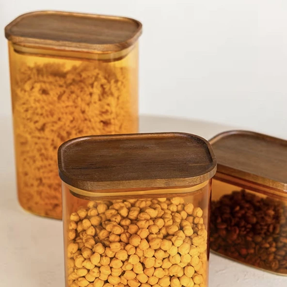 Mia Akasya Dikdörtgen Cam Kavanoz - Amber - 900 ml - 2
