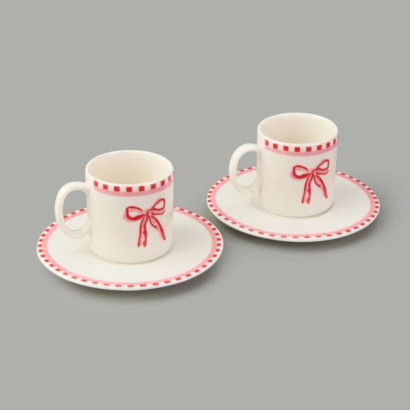 Kitchen Ribbon 2'li Porselen Kahve Fincanı Takımı - Pembe / Beyaz - 110 ml ürün görseli 1