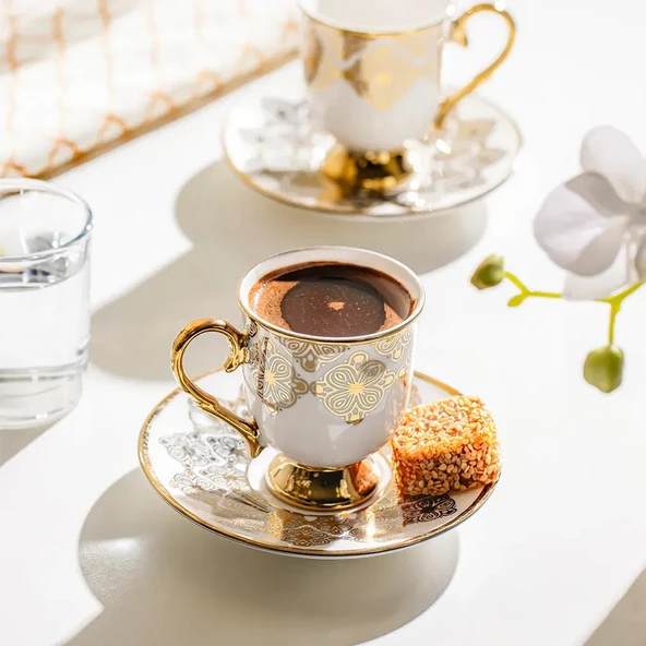 Ece 12 Parça Porselen Kahve Fincan Takımı - Beyaz / Gold