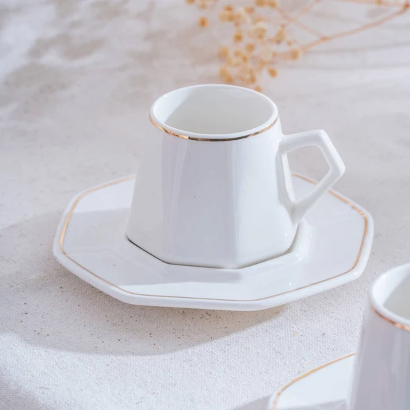 Elera Gold 6'lı Kahve Fincan Takımı - Beyaz / Gold - 90 ml - Resim 2