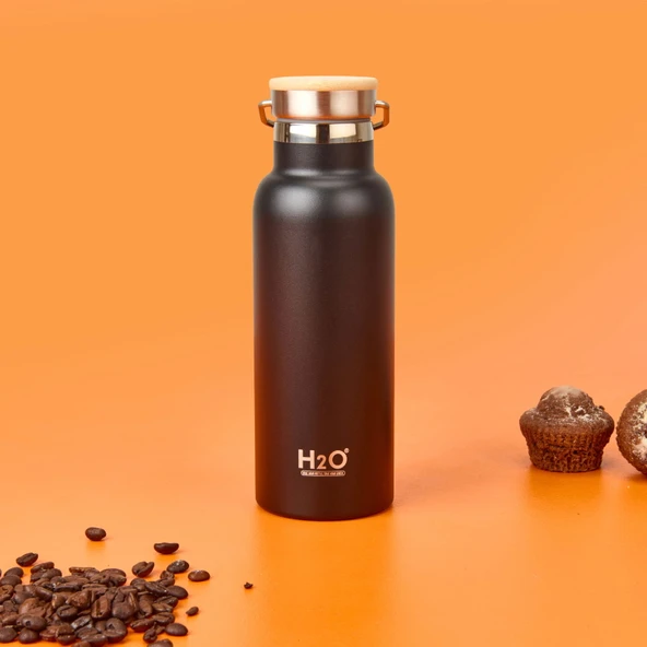 Bambu Kapaklı Çelik Termos - Siyah / Açık Kahverengi - 500 ml ürün görseli