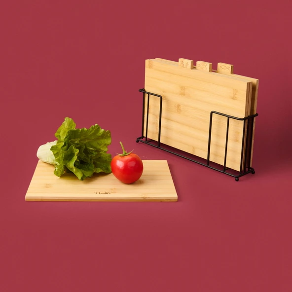 Rino 4'lü Metal Stantlı Kesme Tahtası - Açık Kahverengi - 27 cm - Resim 2