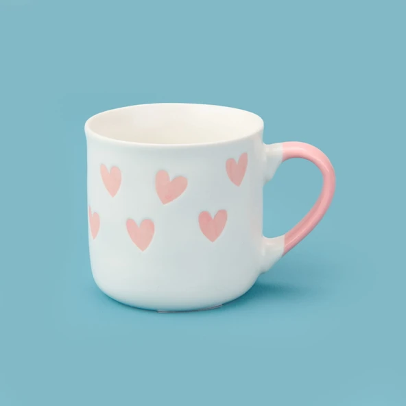 Houseware Kalp Desenli Porselen Kupa - Beyaz / Pembe - 320 ml