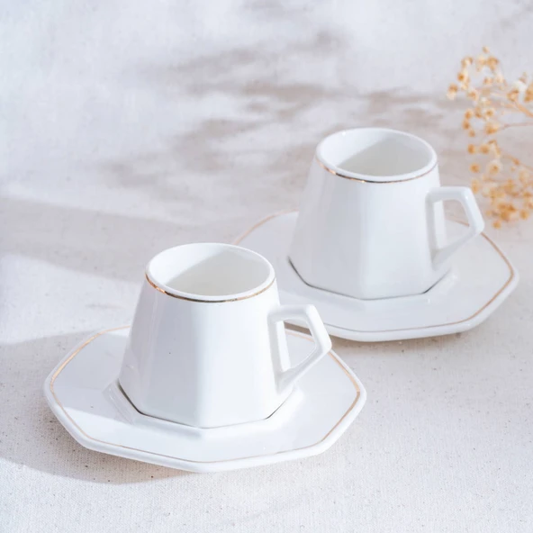 Elera Gold 6'lı Kahve Fincan Takımı - Beyaz / Gold - 90 ml - Resim 3