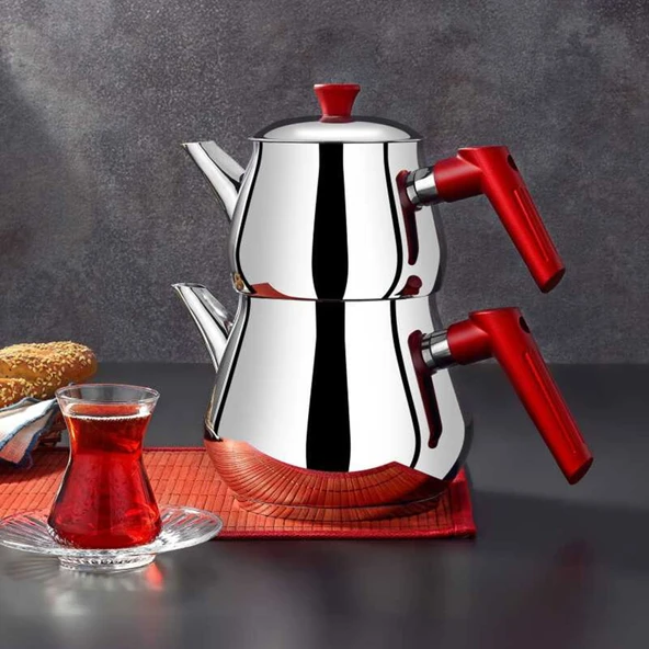 Çaykara Soft Midi Çelik Çaydanlık Takımı - Gri / Kırmızı - 1,8 lt + 1 lt ürün görseli