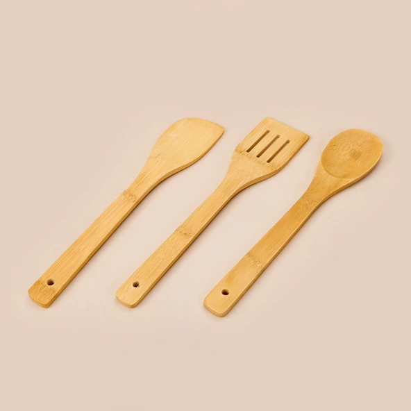 4 Parça Bambu Mutfak Seti - Açık Kahverengi - 36x26 cm + 30 cm - Resim 3