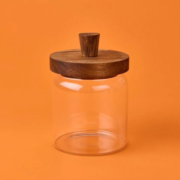 Bambu Kapaklı Cam Kavanoz - Açık Kahverengi / Şeffaf - 450 ml - 1