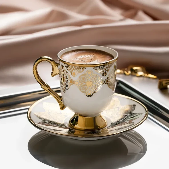 Ece 12 Parça Porselen Kahve Fincan Takımı - Beyaz / Gold - 2