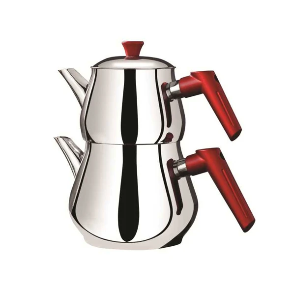 Çaykara Soft Midi Çelik Çaydanlık Takımı - Gri / Kırmızı - 1,8 lt + 1 lt - Resim 2