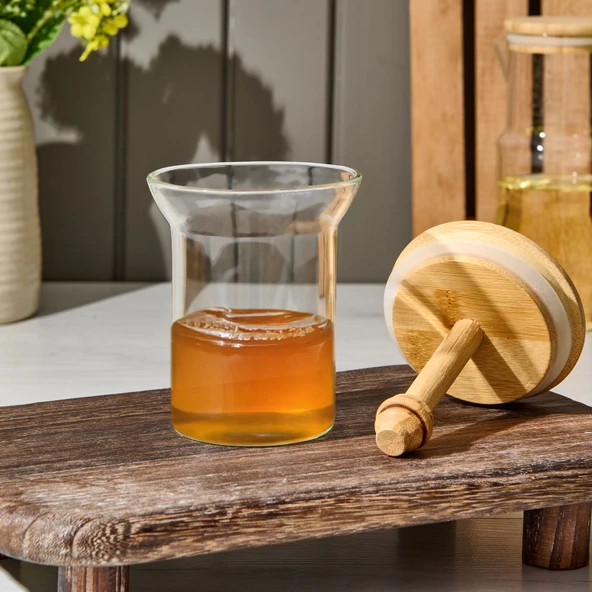 Bambu Kaşıklı Bal Kavanozu - Şeffaf - 14,5 cm ürün görseli